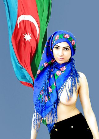 Topless Azerbaijan Woman Covered Head with Flag