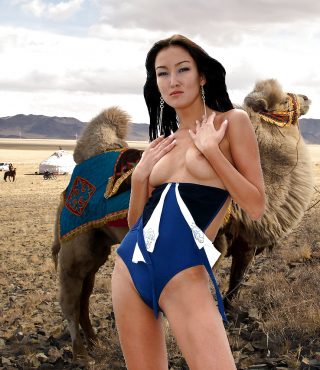 beautiful-kazakhstani-girl-posing-topless-swimwear-with-camel